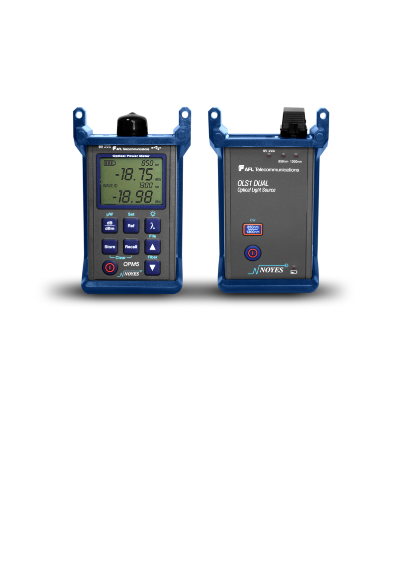 A test kit consisting of a power meter and LED source, both in blue protective housings, connected via a test fiber.