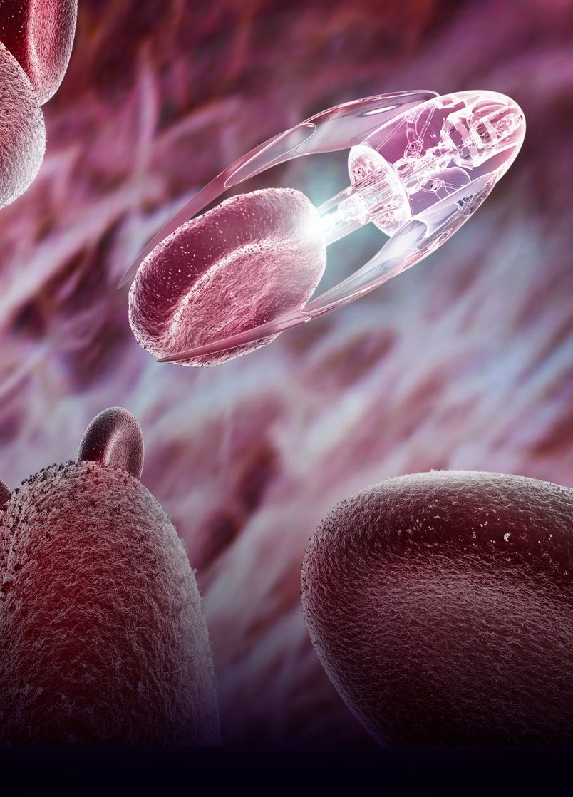 Impression of a medical nanotechnology robot probe using light to treat red blood cells Impression of a medical nanotechnology robot probe using light to treat red blood cells