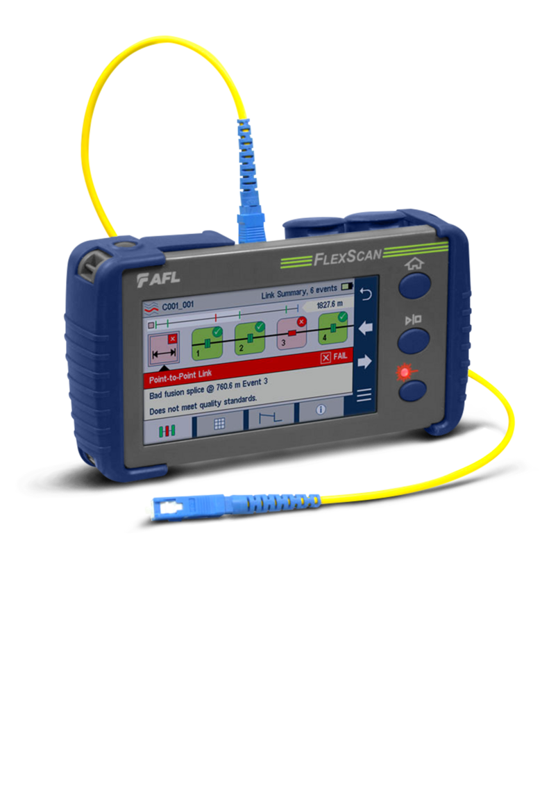 The image shows a FlexScan OTDR handheld tester. It features a display and is used for troubleshooting, attenuation measurements, and validating fiber-optic links. The image shows a FlexScan OTDR handheld tester. It features a display and is used for troubleshooting, attenuation measurements, and validating fiber-optic links.