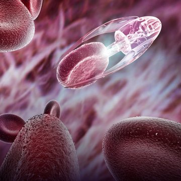 Impression of a medical nanotechnology robot probe using light to treat red blood cells