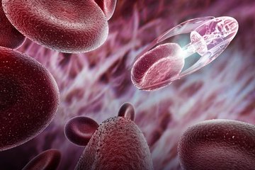Impression of a medical nanotechnology robot probe using light to treat red blood cells
