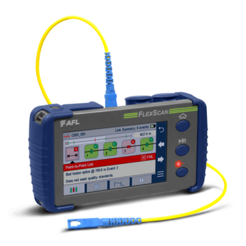 The image shows a FlexScan OTDR handheld tester. It features a display and is used for troubleshooting, attenuation measurements, and validating fiber-optic links.