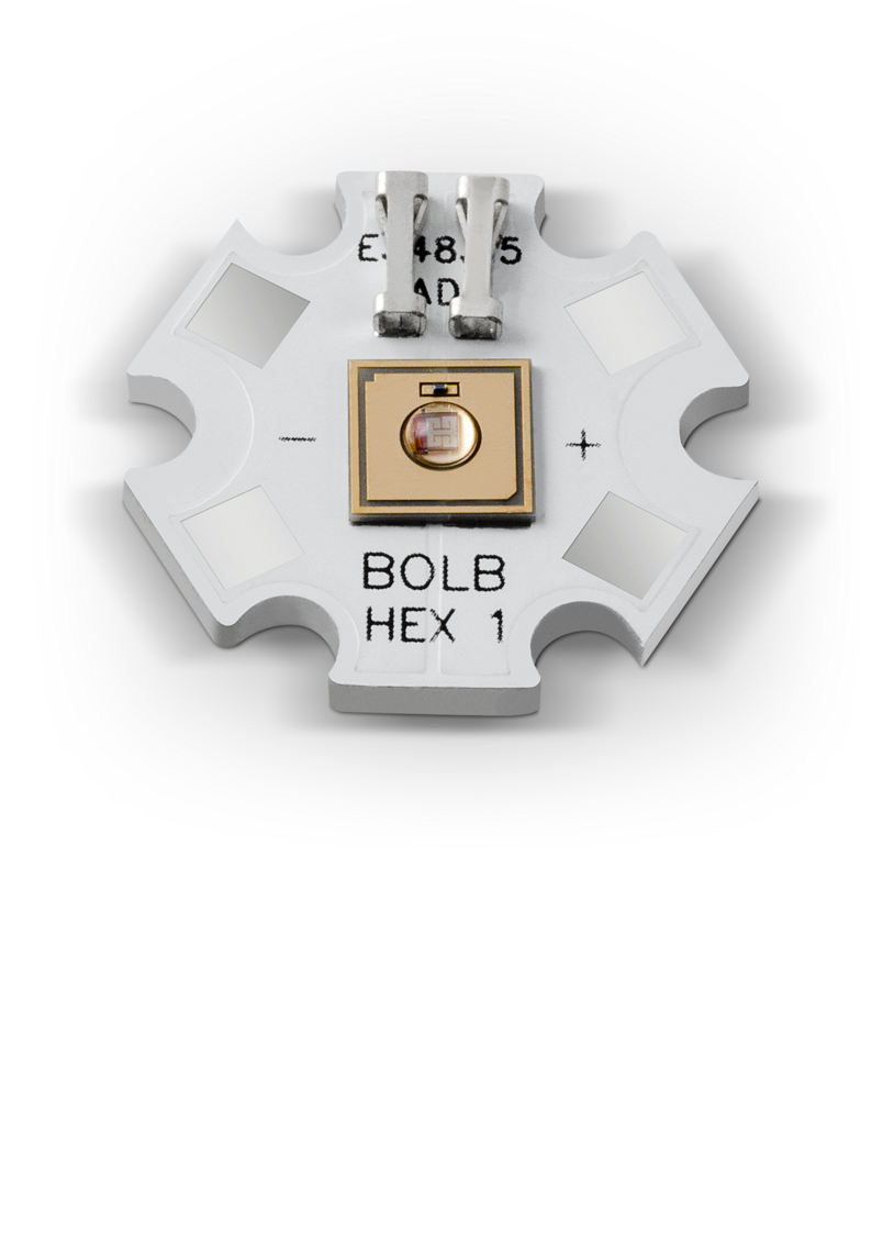 SMD LED on hexagonal PCB for improved heat dissipation.